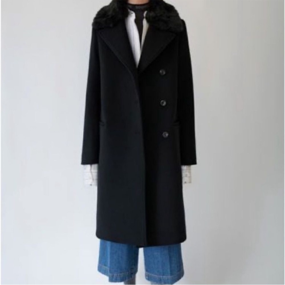 Acne Studios Omana Wool Trech Black Pea Coat Faux Fur Collar Size 42 10